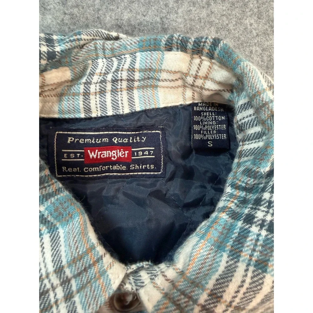 Wrangler Mens Quilted Flannel Shirt Jacket Teal White Plaid Cotton Size S